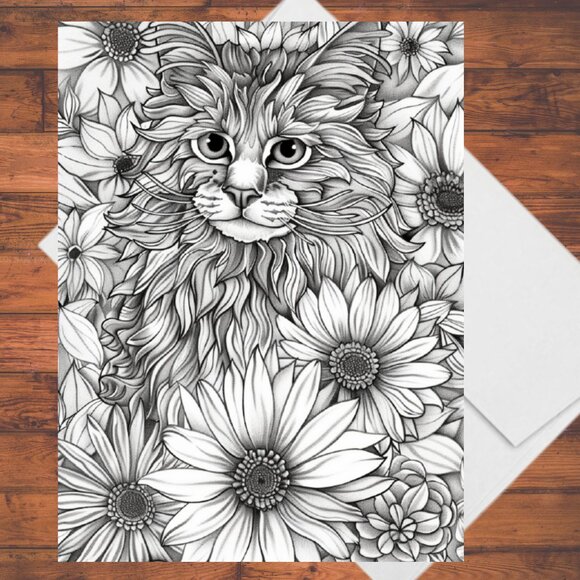 8 Cats in Flowers Coloring Cards Kit: 5x7 Handmade DIY Greeting Cards Envelopes - Picture 8 of 9